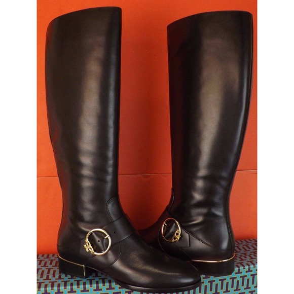 NIB TORY BURCH SOFIA BLACK BELTED BUCKLE LEATHER REVA TALL RIDING BOOTS 6 - Picture 5 of 12